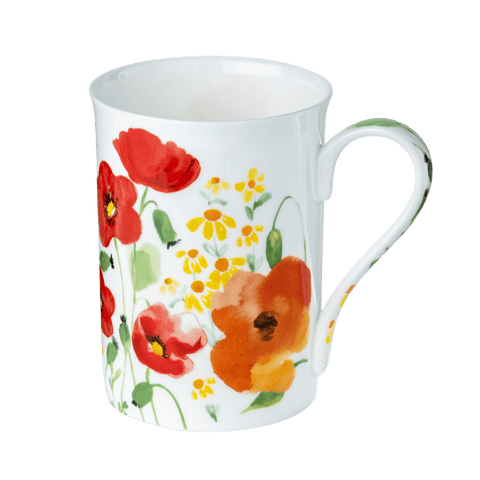 Watercolours Red Classico mug fine bone china 12.5 oz with red watercolour floral design, front view handle right