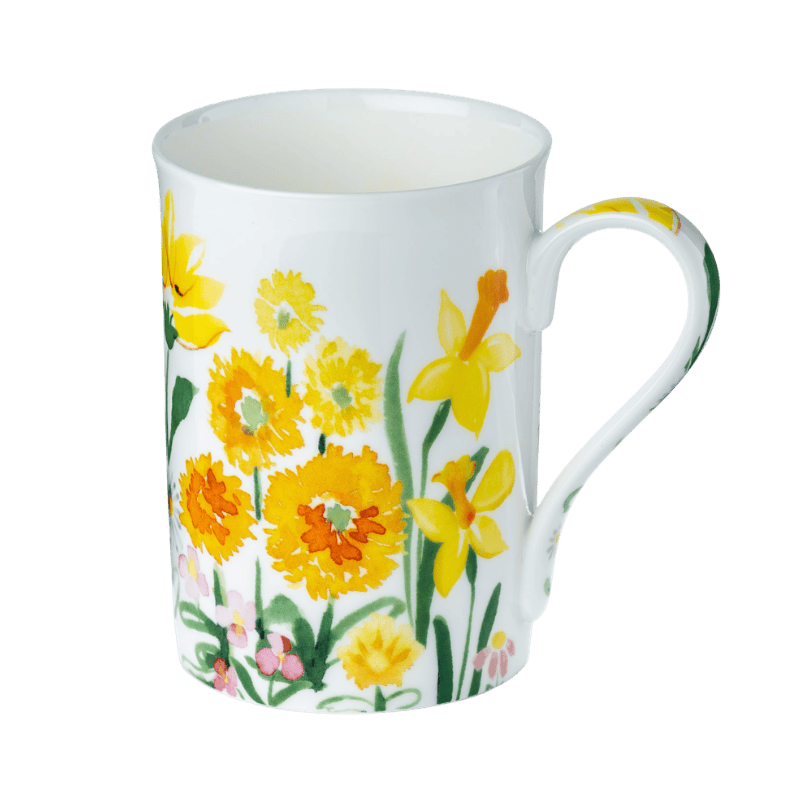 Watercolours Yellow Classico mug, 12.5 oz (375 ml) fine bone china, yellow floral design, front view, handle right.