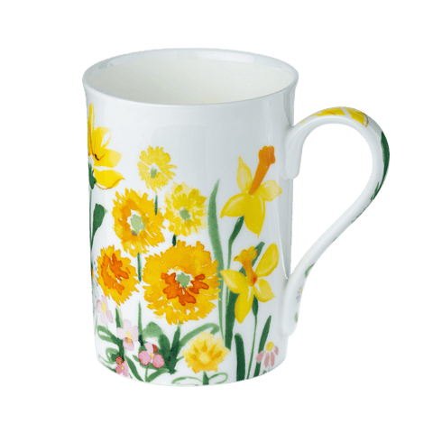 Watercolours Yellow Classico mug, 12.5 oz (375 ml) fine bone china, yellow floral design, front view, handle right.