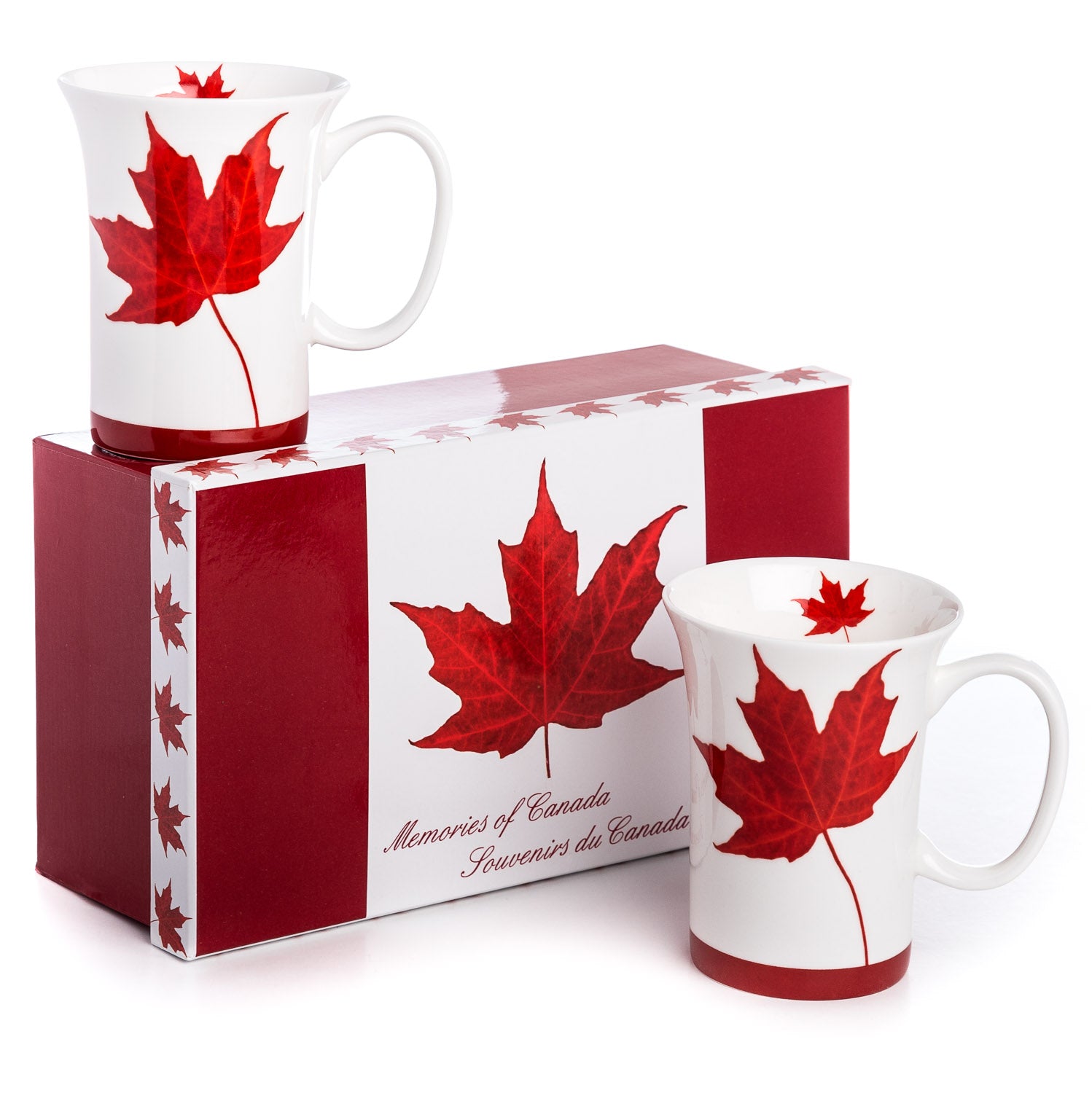 Two white fine bone china crest mugs featuring a red maple leaf, interior decal and bottom rim showcased with a two-mug gift box that is designed with a modern take on the Canadian flag.