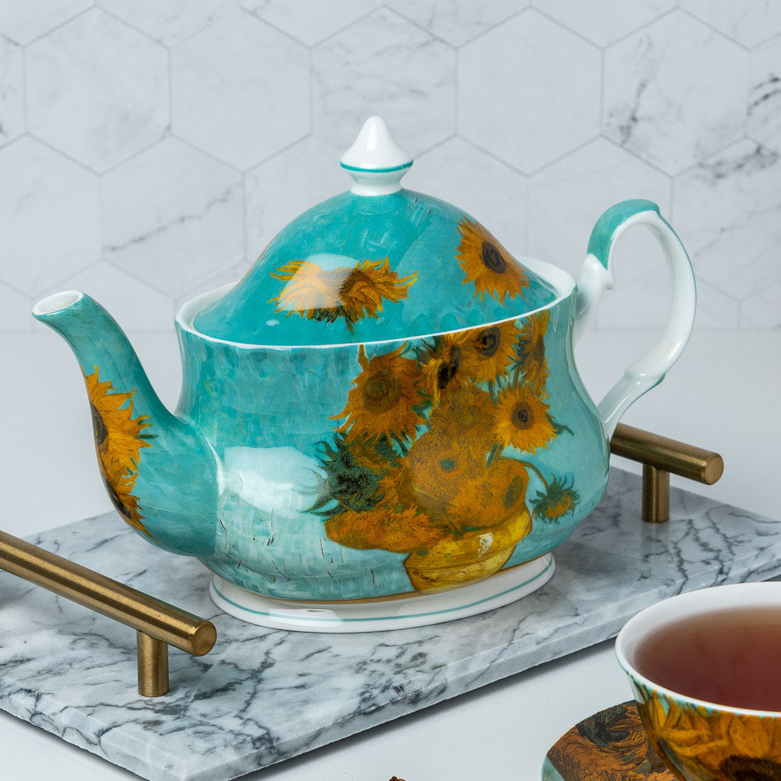 Van Gogh Sunflowers Teapot in fine bone china, lifestyle image styled on a countertop